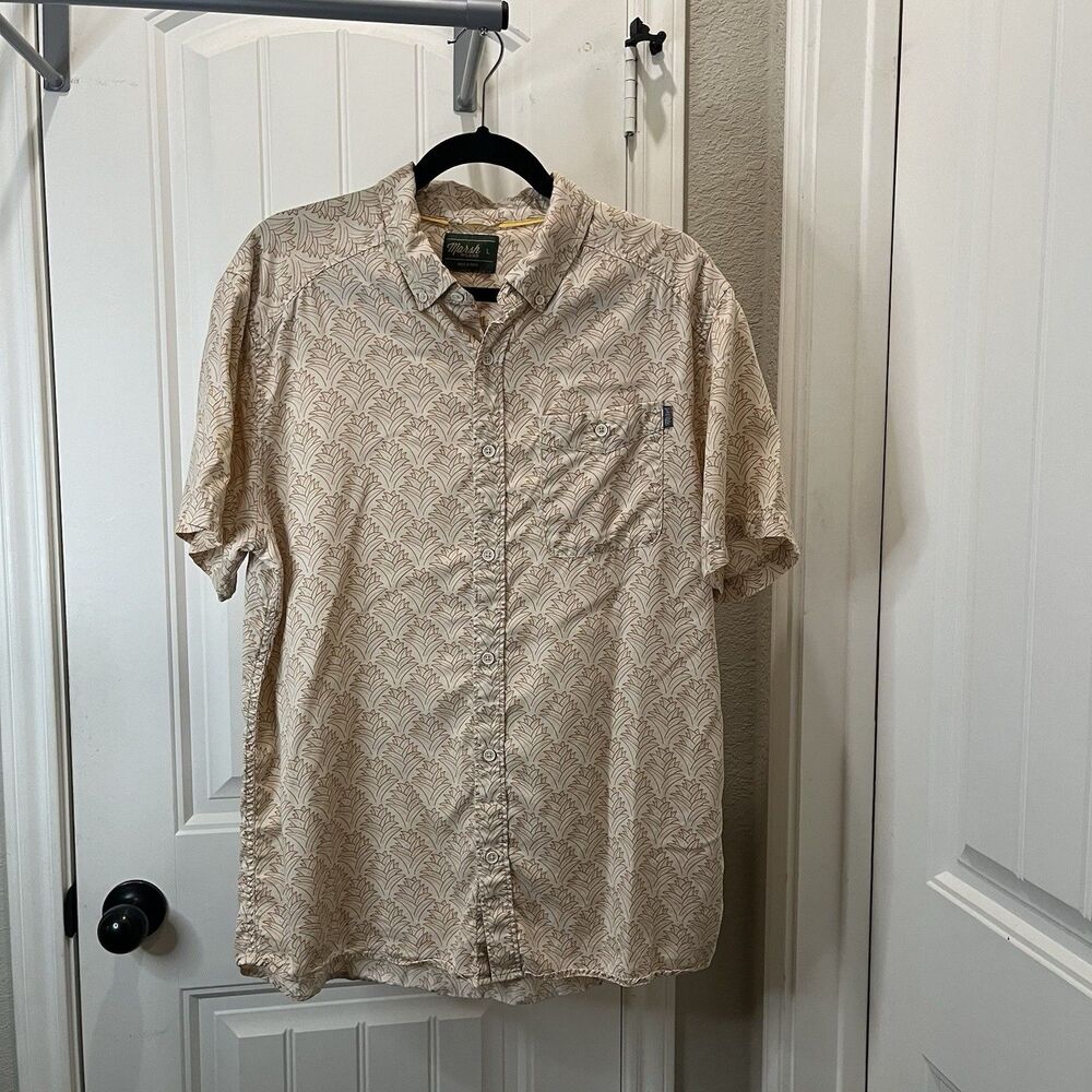 Marsh Wear Tan Leaf Floral Lyocell Button Up Hawaiian Shirt Mens Size L